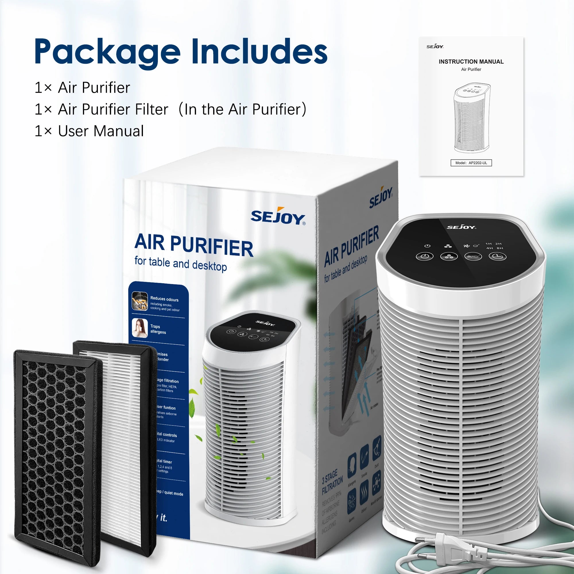 Sejoy Air Purifier – HEPA Filter with Ionizer for Rooms up to 200 sq. ft