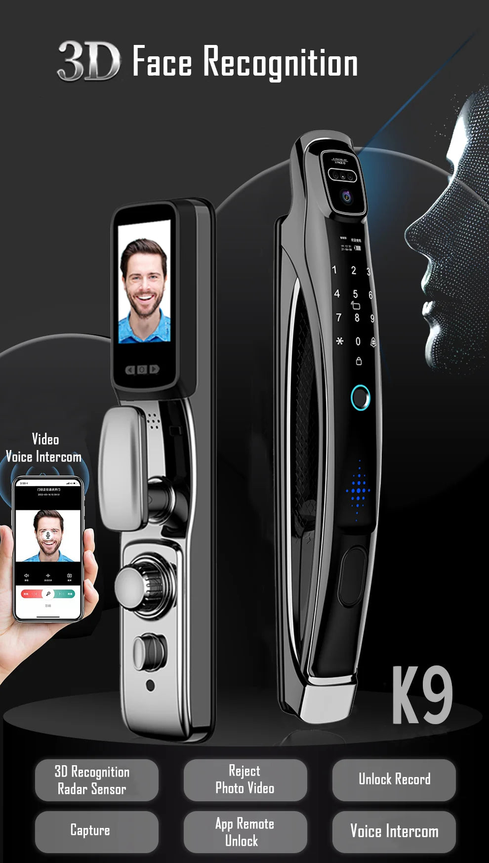 WiFi Tuya APP Face Recognition Smart Door Lock with Camera: