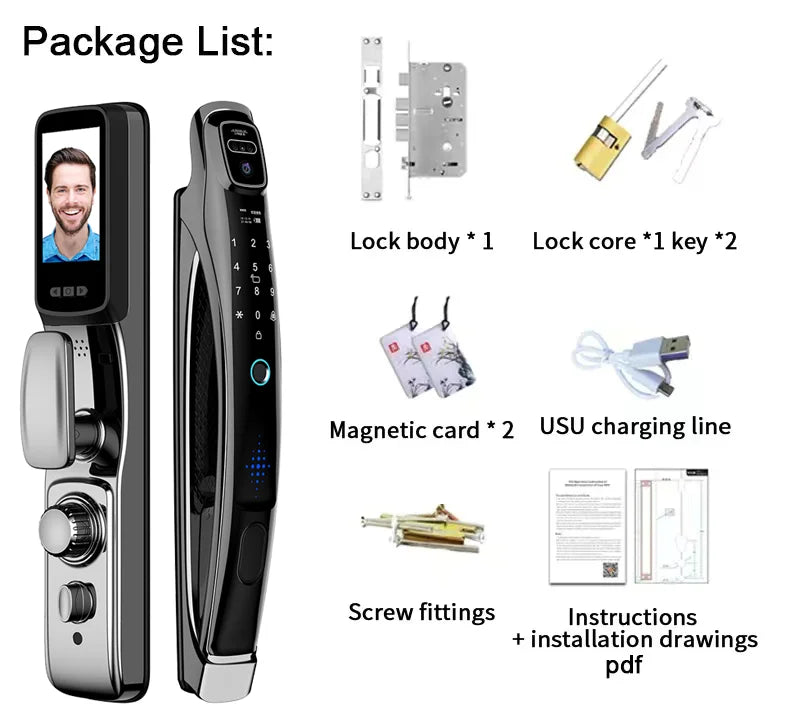 WiFi Tuya APP Face Recognition Smart Door Lock with Camera: