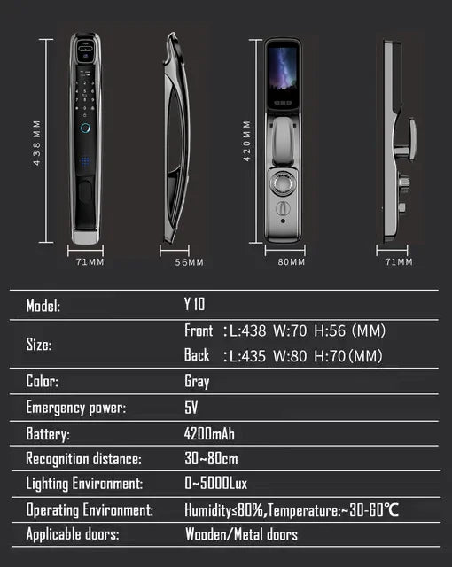 WiFi Tuya APP Face Recognition Smart Door Lock with Camera: