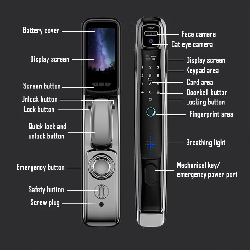 WiFi Tuya APP Face Recognition Smart Door Lock with Camera:
