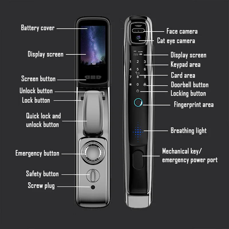 WiFi Tuya APP Face Recognition Smart Door Lock with Camera: