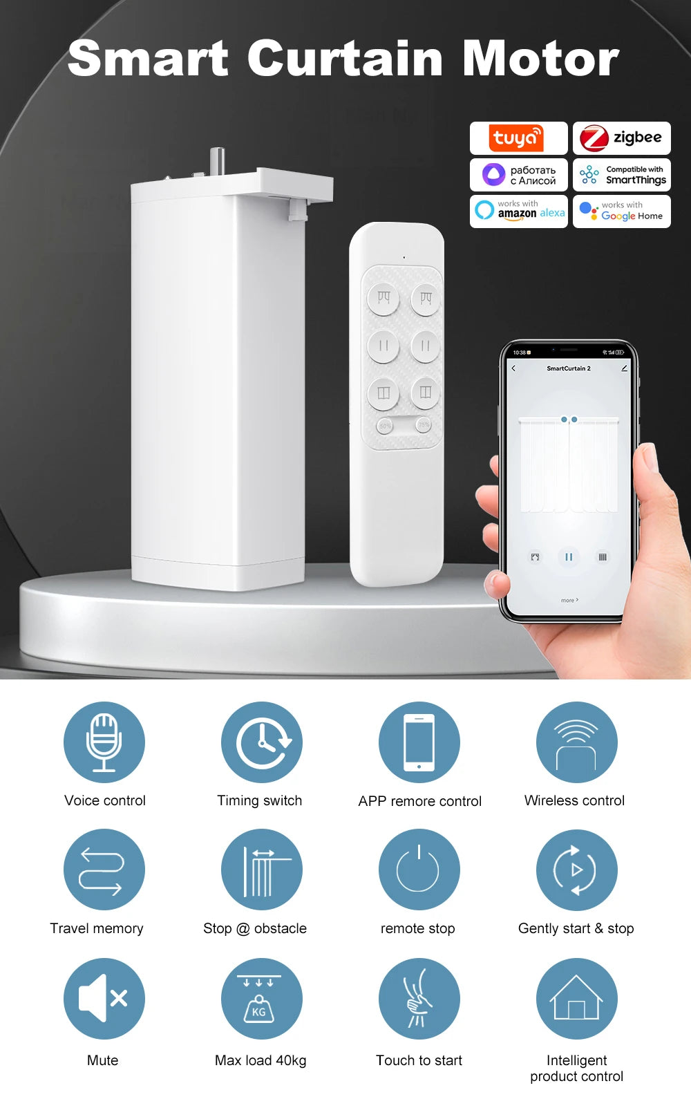 Tuya 155MM 4rd Smart Zigbee/WiFi Electric Curtain Shutter Motor – Silent Operation with App & Voice Control