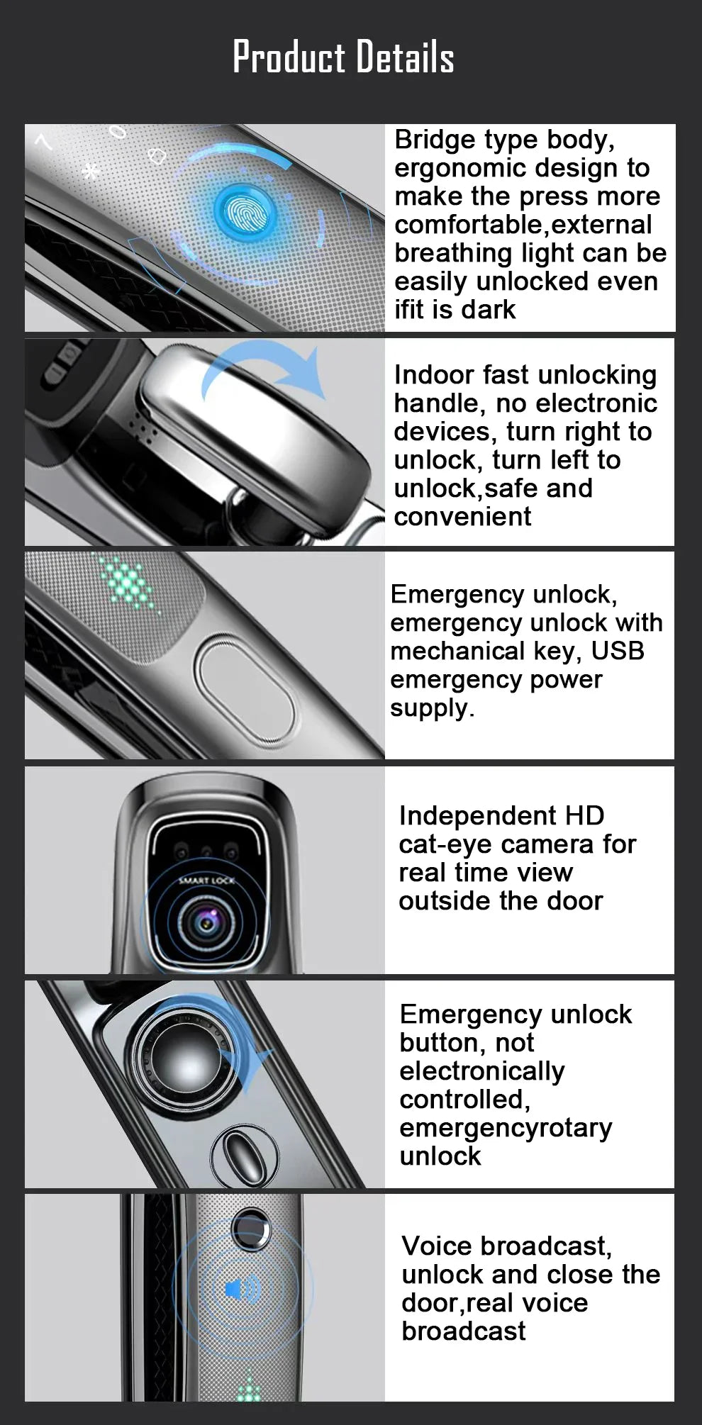 WiFi Tuya APP Face Recognition Smart Door Lock with Camera: